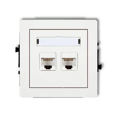 Gniazdo komputerowe podwójne RJ45, kat. 5e, białe, połysk, Karlik DECO DGK-2, z polem opisowym.