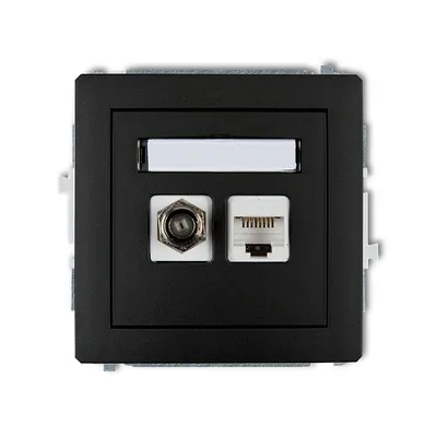 Gniazdo komputerowo-antenowe RJ45, kat.5e, czarne matowe Karlik DECO z polem opisowym, gniazdem antenowym i portem RJ45.