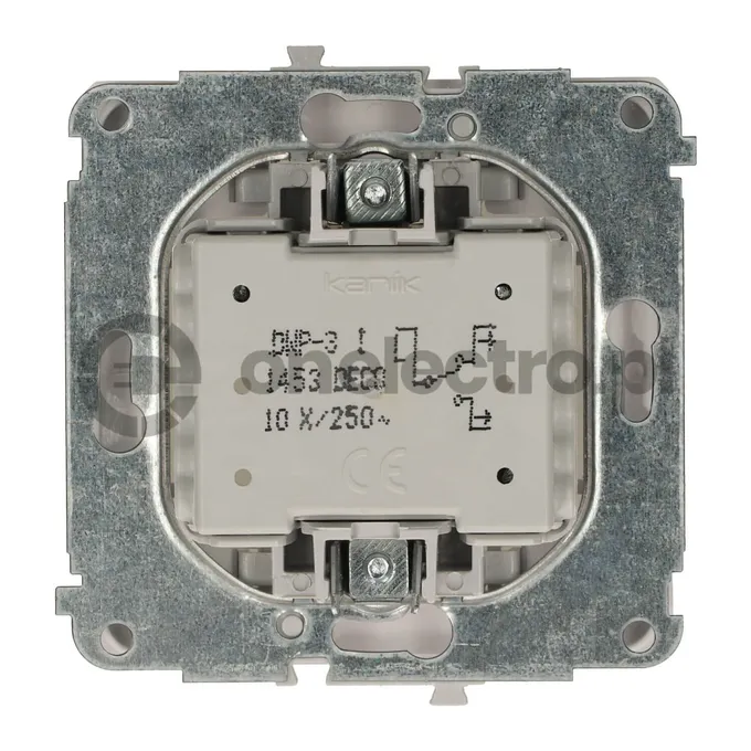 Łącznik schodowy Karlik DECO DWP-3 z mechanizmem i zaciskami, widok od tyłu na metalowy stelaż.