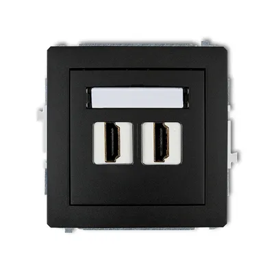 Podwójne gniazdo HDMI Karlik DECO w kolorze czarny mat, z białym polem opisowym, idealne do nowoczesnych instalacji.