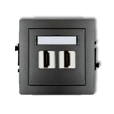 Podwójne gniazdo HDMI Karlik DECO w kolorze grafitowym z polem opisowym, idealne do nowoczesnych instalacji.