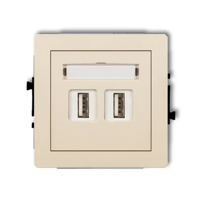 Podwójne gniazdo USB-A 2.0 Karlik DECO w kolorze beżowym z polem opisowym, idealne do nowoczesnych wnętrz.