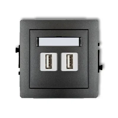 Podwójne gniazdo USB-A 2.0 Karlik DECO w kolorze grafitowym z polem opisowym, do montażu natynkowego.