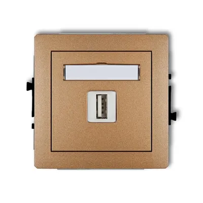 Pojedyncza ładowarka USB typu A 1A w kolorze złotego metaliku, seria Karlik DECO, model 8DCUSB-1, z polem opisowym.