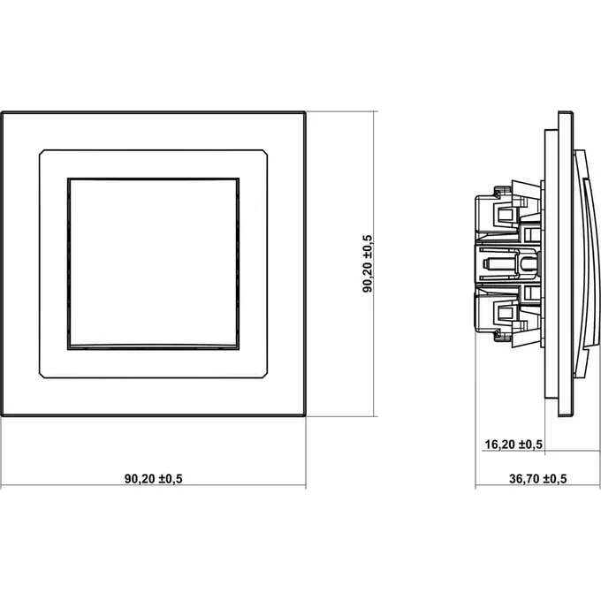 Schemat techniczny łącznika schodowego Karlik DECO w kolorze czarny mat, z widocznymi wymiarami: 90,20x90,20 mm, głębokość 36,70 mm.