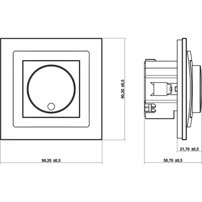 Schemat techniczny ściemniacza przyciskowo-obrotowego Karlik DECO 1DRO-1 z podanymi wymiarami: 90,20x90,20 mm, głębokość 50,70 mm.