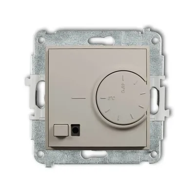 Regulator temperatury Karlik ICON 60IRT-2 w kolorze taupe, z pokrętłem do regulacji i czujnikiem powietrznym.