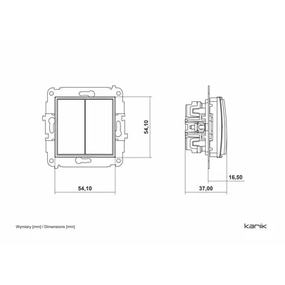 Schemat techniczny łącznika podwójnego świecznikowego Karlik ICON Taupe 60IWP-2 z podanymi wymiarami: 54,10 mm x 54,10 mm, głębokość 37 mm, wysokość 16,50 mm.