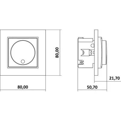 Schemat techniczny ściemniacza przyciskowo-obrotowego Karlik MINI 63MRO-2 z wymiarami: 80x80 mm, głębokość 50,70 mm, wystawanie 21,70 mm.