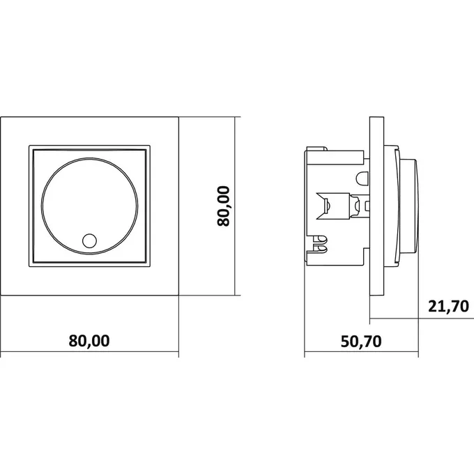 Schemat techniczny ściemniacza przyciskowo-obrotowego Karlik MINI 63MRO-2 z wymiarami: 80x80 mm, głębokość 50,70 mm, wystawanie 21,70 mm.
