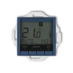 Elektroniczny regulator temperatury Karlik ICON Navy blue z niebieskim podświetleniem, wyświetlający aktualną temperaturę 21.6°C i tryb AUTO.