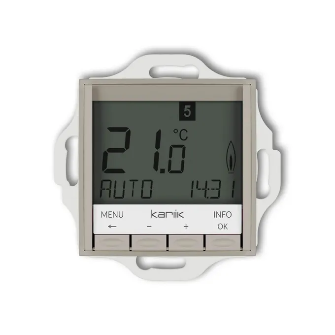 Elektroniczny regulator temperatury Karlik ICON Taupe z niebieskim podświetleniem, wyświetlający aktualną temperaturę 21.0°C i tryb AUTO.