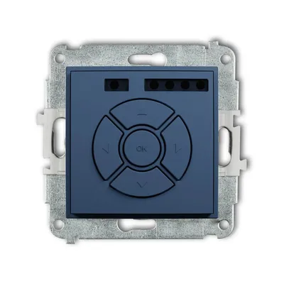 Elektroniczny sterownik roletowy Karlik ICON Navy blue 64ISR-2 z przyciskami sterującymi i ramką montażową.