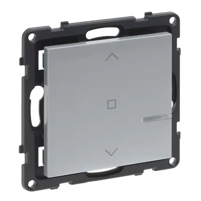 Bezprzewodowy łącznik żaluzjowy Legrand Suno Aluminium z funkcją Netatmo, kolor jasnoszary, z symbolami strzałek góra/dół i kwadratu.