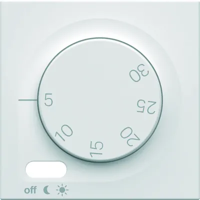 Pokrywa regulatora temperatury Hager Lumina WXD315P w kolorze białym z pokrętłem do ustawiania temperatury od 5 do 30 stopni Celsjusza.