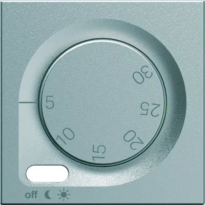 Srebrna pokrywa regulatora temperatury Hager Lumina WXD315T z pokrętłem i oznaczeniami od 5 do 30, przyciskiem i ikonami.