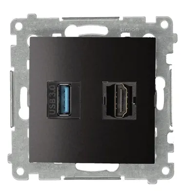 Gniazdo HDMI 1.4 i USB 3.0 w kolorze antracytowym marki Simon 54, z metalowym stelażem.