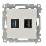 Gniazdo HDMI 1.4 i USB 3.0 w kolorze białym marki Simon, seria 54, z metalowym stelażem montażowym.