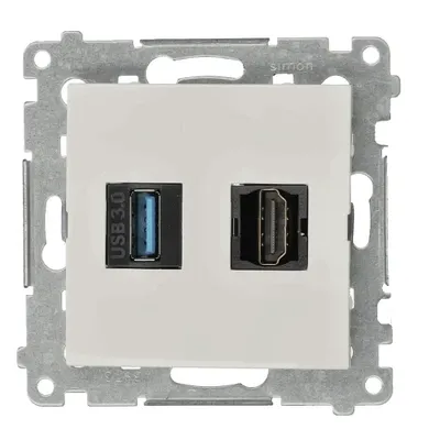 Gniazdo HDMI 1.4 i USB 3.0 w kolorze białym marki Simon, seria 54, z metalowym stelażem montażowym.