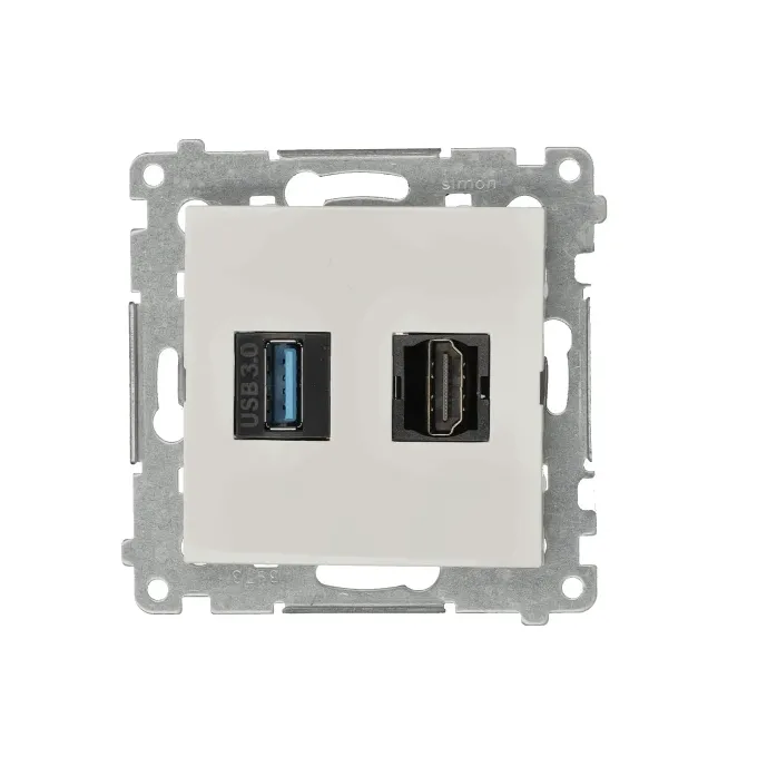 Gniazdo HDMI 1.4 i USB 3.0 w kolorze białym marki Simon, seria 54, z metalowym stelażem montażowym.