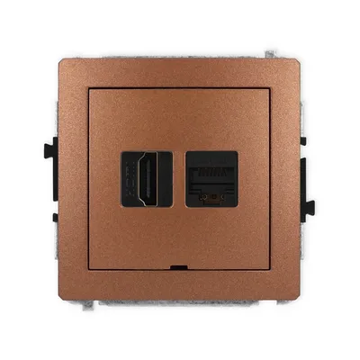 Gniazdo HDMI 2.1 i RJ45 kat.6a Karlik DECO w kolorze brązowego metaliku, idealne do nowoczesnych instalacji.