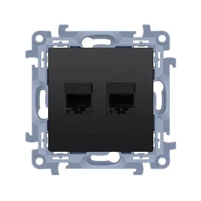 Gniazdo RJ45 kat.5 i RJ12 w kolorze czarny mat, seria Simon 10, widok z przodu.