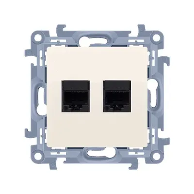 Gniazdo Simon 10 kremowe z dwoma portami RJ45 kat.5 i jednym portem RJ12, do montażu podtynkowego.