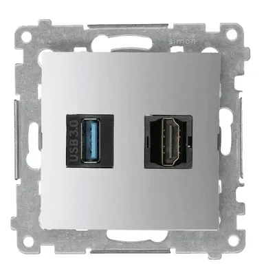 Gniazdo Simon 54 w kolorze srebrnym matowym z portem HDMI 1.4 i USB 3.0, idealne do nowoczesnych instalacji.