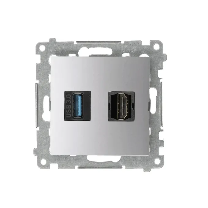 Gniazdo Simon 54 w kolorze srebrnym matowym z portem HDMI 1.4 i USB 3.0, idealne do nowoczesnych instalacji.