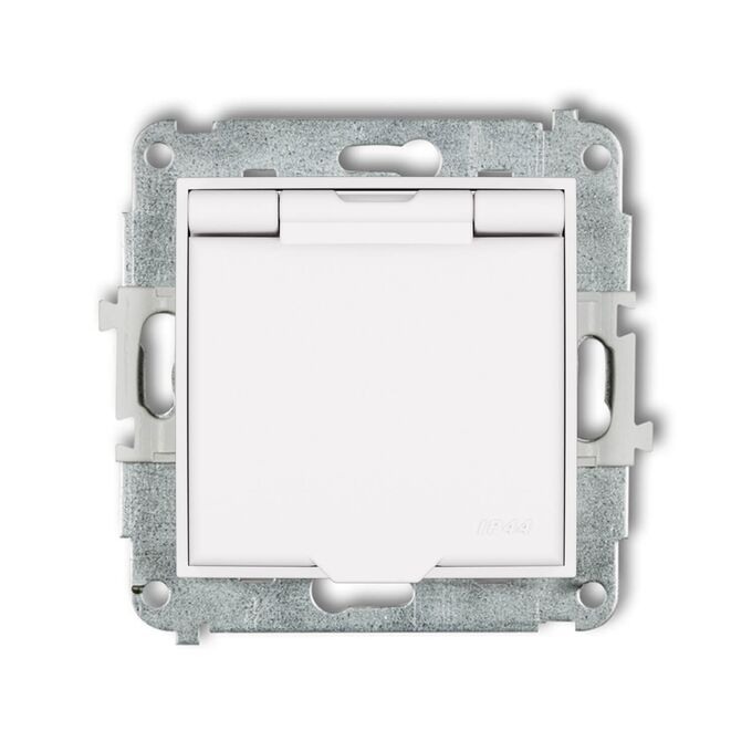 Gniazdo bryzgoszczelne IP-44 z przesłonami Biały mat, klapka biała Karlik MINI - 25MGPB-1zp