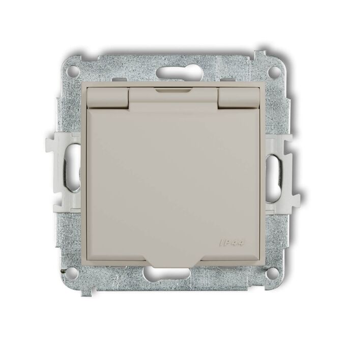 Gniazdo bryzgoszczelne IP-44 z przesłonami Taupe, klapka taupe Karlik MINI - 60MGPB-1zp