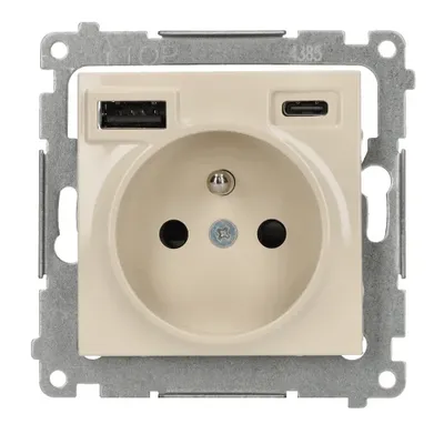 Gniazdo pojedyncze Simon 54 kremowe z ładowarką 2xUSB (typ C i A) do montażu podtynkowego.