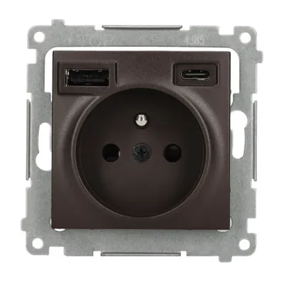 Gniazdo pojedyncze Simon 54 w kolorze brązowym matowym z dwoma portami USB (typ C i A) do ładowania urządzeń.