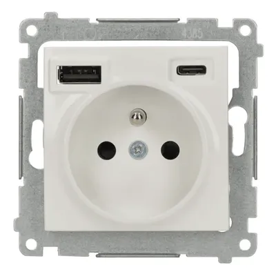 Gniazdo pojedyncze Simon 54 z dwoma portami USB (typ C i A) do ładowania urządzeń, kolor biały.