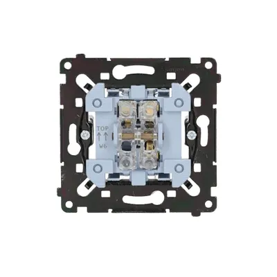 Mechanizm łącznika schodowego Simon 54 z zaciskami śrubowymi 16AX, widok od tyłu.