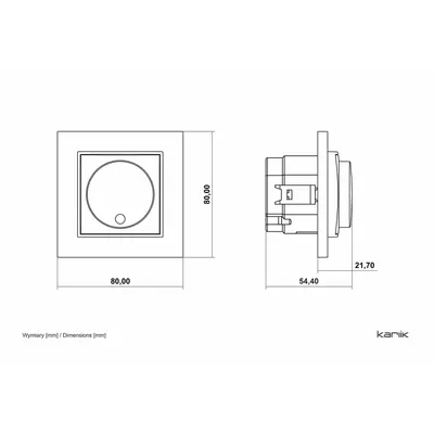 Schemat techniczny ściemniacza przyciskowo-obrotowego Karlik MINI 64MRO-3 z wymiarami 80x80mm i głębokością 54,4mm.
