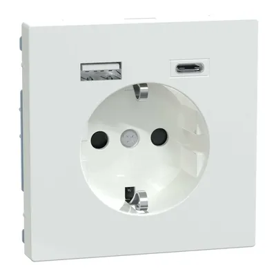Gniazdo pojedyncze z uziemieniem Schuko i ładowarką 2xUSB (Typ A+C) w kolorze białym, Merten System D, Schneider Electric.