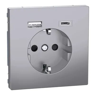 Gniazdo pojedyncze z uziemieniem Schuko i ładowarką 2xUSB typu A+C, stalowy Merten System D Schneider Electric