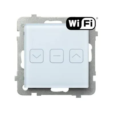 Łącznik żaluzjowy dotykowy Ospel Sonata Touch z Wi-Fi, białe szkło, z ikonami sterowania.