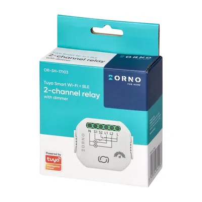 Opakowanie przekaźnika dopuszkowego Orno OR-SH-17103, dwukanałowego, z modułem ściemniacza, obsługującego Tuya Smart Home Wi-Fi+Bluetooth.