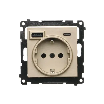 Gniazdo pojedyncze Schuko Simon 55 w kolorze szampańskiego matu, zintegrowane z ładowarką 2xUSB (typ C i A).