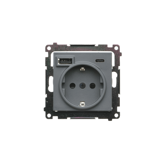 Gniazdo pojedyncze Schuko z ładowarką 2xUSB typu C+A 2.1A Grafitowy mat Simon 55 - TGSZ1ZUSB2CA.01/116