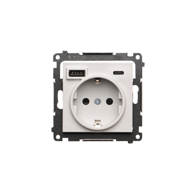 Gniazdo pojedyncze Schuko z ładowarką 2xUSB typu C+A 2.1A Jasnoszary mat Simon 55 - TGSZ1ZUSB2CA.01/114