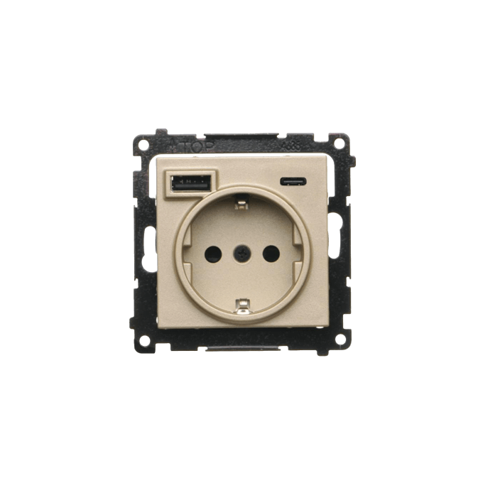 Gniazdo pojedyncze Schuko z ładowarką 2xUSB typu C+A 2.1A Szampański mat Simon 55 - TGSZ1ZUSB2CA.01/144