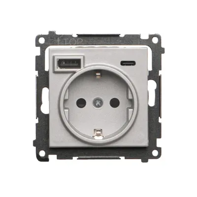 Gniazdo pojedyncze Schuko z ładowarką 2xUSB typu C+A, aluminium matowe, Simon 55