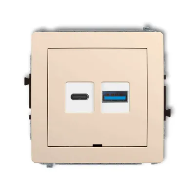 Ładowarka podwójna USB typu A+C 30W Karlik DECO w kolorze beżowym, z portem USB-C i USB-A.