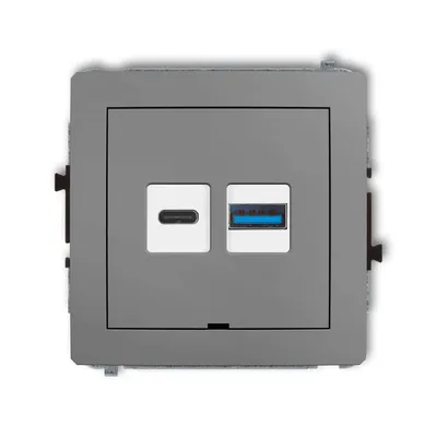Ładowarka podwójna USB typu A+C 30W Szary mat Karlik DECO z portem USB-C i USB-A, idealna do szybkiego ładowania urządzeń.
