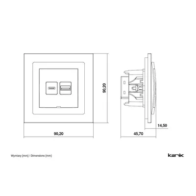 Schemat techniczny ładowarki podwójnej USB typu A+C 30W Karlik DECO z wymiarami: 90,20 mm x 90,20 mm, głębokość 45,70 mm.