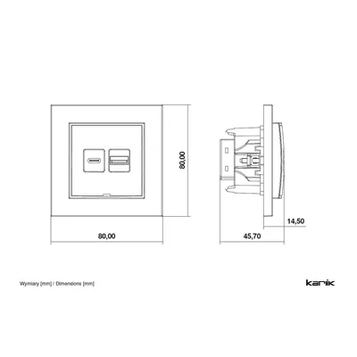 Schemat techniczny ładowarki podwójnej USB typu A+C 30W Karlik MINI z podanymi wymiarami: 80x80 mm, głębokość 45,70 mm, wystawanie 14,50 mm.