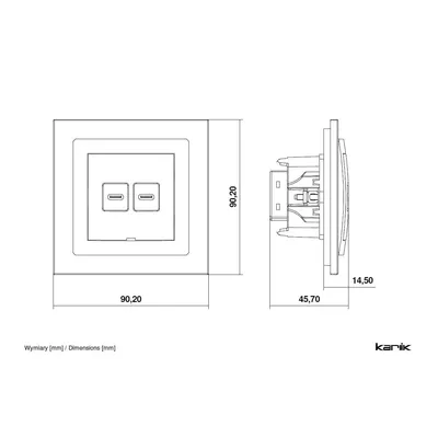 Schemat techniczny ładowarki podwójnej USB typu C+C 30W Karlik DECO, wymiary 90,20x90,20x45,70 mm.